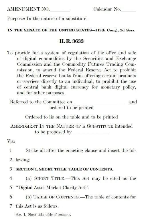 🏛 Se presentó en el Senado de EE. UU. una versión actualizada de la Ley Clarity, unificando textos de dos comités.
