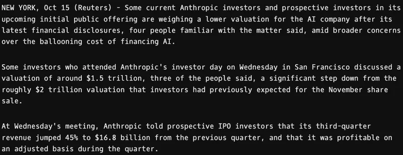 La valoración pre-IPO de Anthropic cae un 25 %