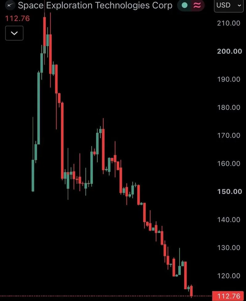 SpaceX de Elon Musk $SPCX alcanza un mínimo post-OPI, cayendo por debajo de los $115.